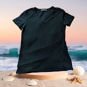 Gap Womens Blouse Top S Sheer True Black Short Cuff Sleeve V-Neck Rayon Blend